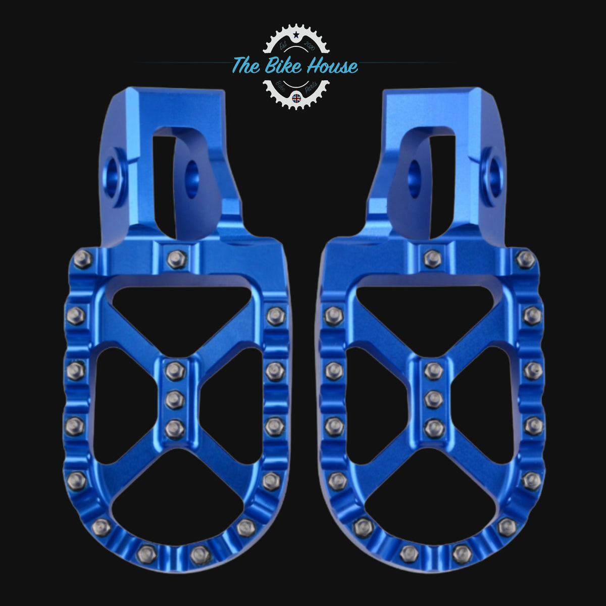 HUSQVARNA ANODISED BLUE CNC 57mm WIDE FOOT PEGS FOR ULTIMATE GRIP STAINLESS TEET